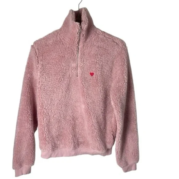 Women’s TopShop Pink Borg Heart Quarter Zip Fleeve Pullover Sweater Size 6 US! - Picture 5 of 5